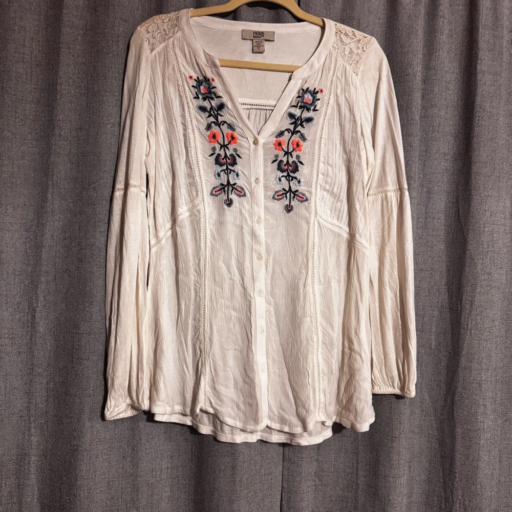 Vintage American Women’s Long Sleeve Size Small Embroidery Floral Blouse - Picture 2 of 9